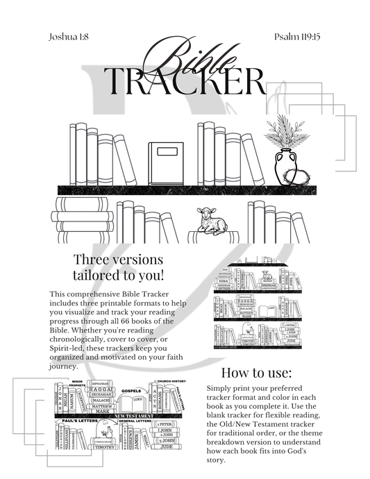 Bible Tracker cover page with three printable formats for tracking Bible reading progress through all 66 books