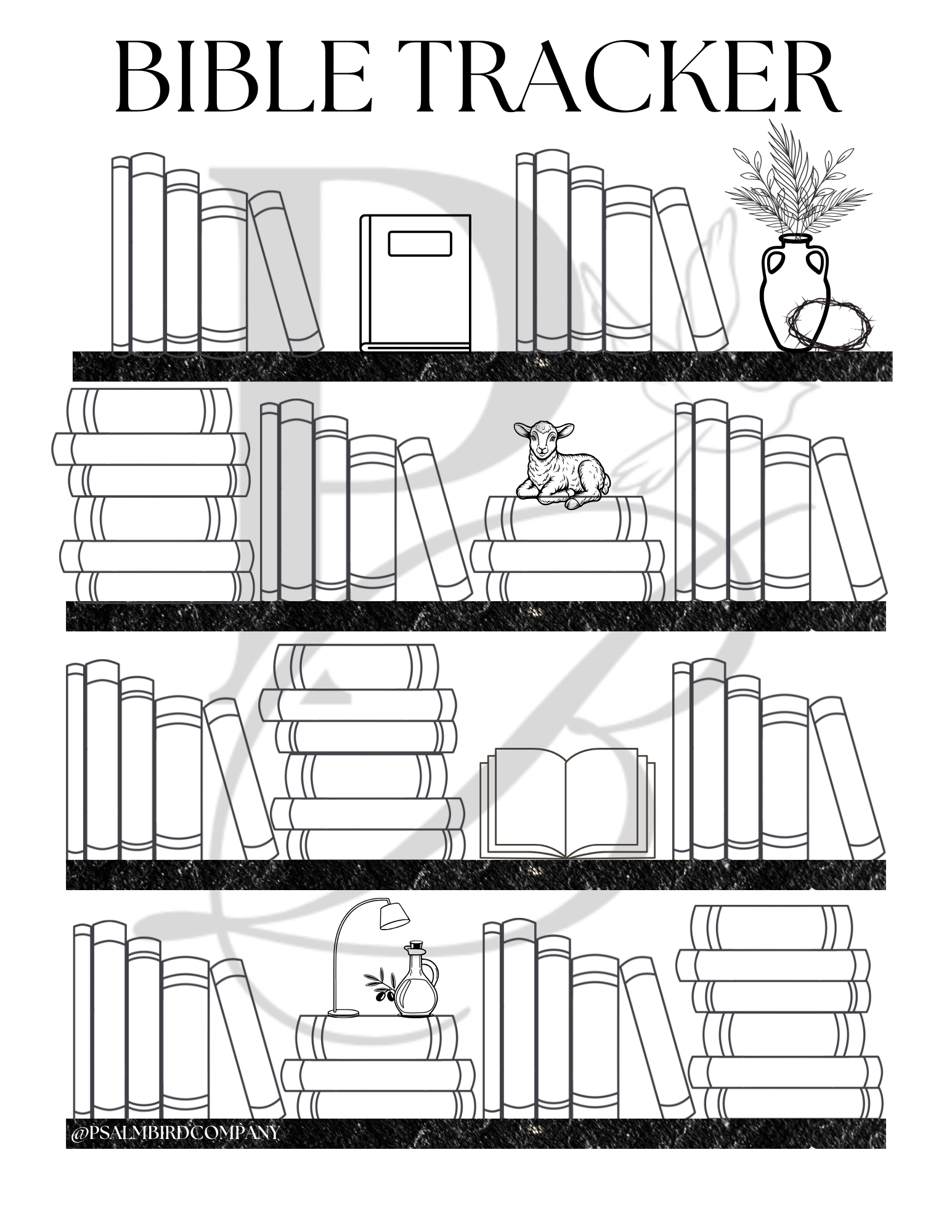 Bible tracker printable showing all 66 books of the Bible organized for reading progress